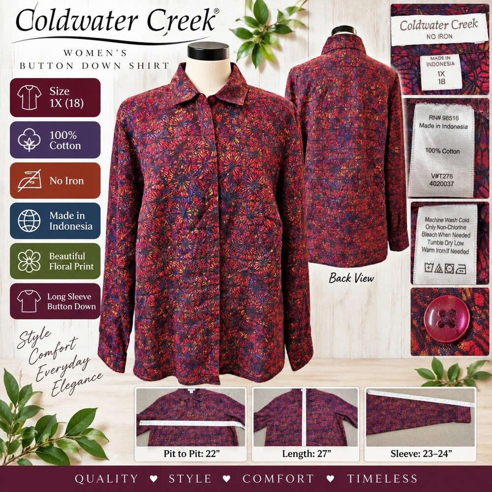Coldwater Creek Womens 1X Red Purple Floral No Iron Cotton Button Down Shirt